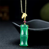 Hand-carve Jade Copper Plating 24k Bamboo Necklace Pendant Jewelry