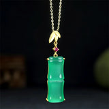 Hand-carve Jade Copper Plating 24k Bamboo Necklace Pendant Jewelry