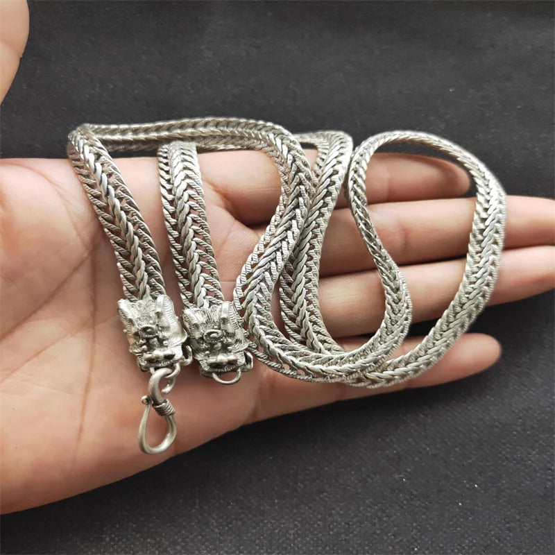 Hand-carve Tibetan Silver Dragon Head Necklace Pendant Jewelry Men Women Luck