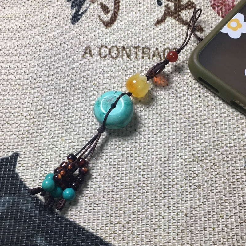 Hand-Carve Turquoise Pingan Buckle Necklace Pendant Jewelry Men Women