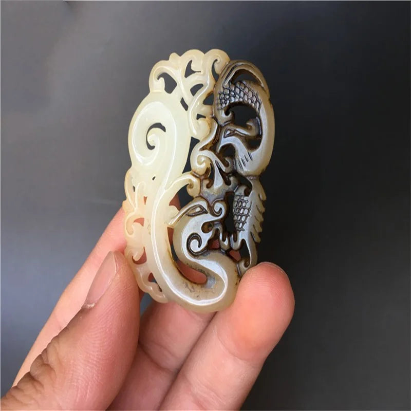 Hand-carved Jade Dragon Phoenix Necklace Pendant Men Women Luck