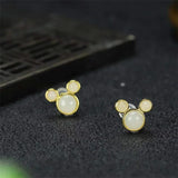 925 Silver Gufajin Inlaid Jade Mickey Earrings Studs for Women