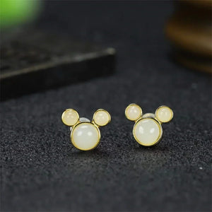 925 Silver Gufajin Inlaid Jade Mickey Earrings Studs for Women