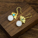 925 Silver Gufajin Jade Beads Earrings Studs Women LuckGifts