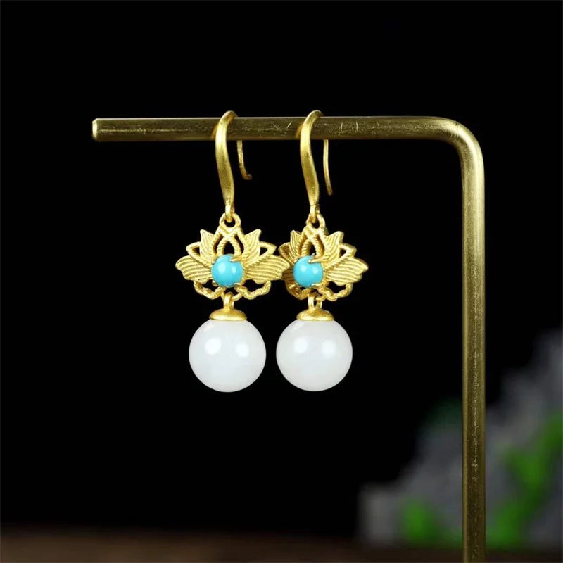 925 Silver Gufajin Jade Beads Earrings Studs Women LuckGifts