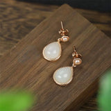 925 Silver Gufajin White Jade Water Droplets Earrings