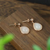 925 Silver Gufajin White Jade Water Droplets Earrings