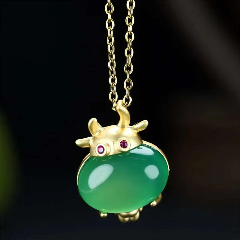 925 Silver Ox Zodiac Necklace Pendant with Jade Inlay