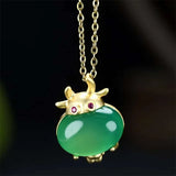 925 Silver Ox Zodiac Necklace Pendant with Jade Inlay