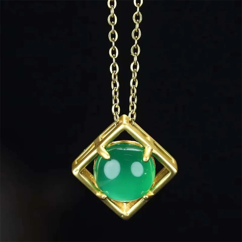 Hand-carved Chalcedony Gufajin Inlay Green Square Necklace Pendant