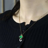 Hand-carved Chalcedony Gufajin Inlay Green Square Necklace Pendant