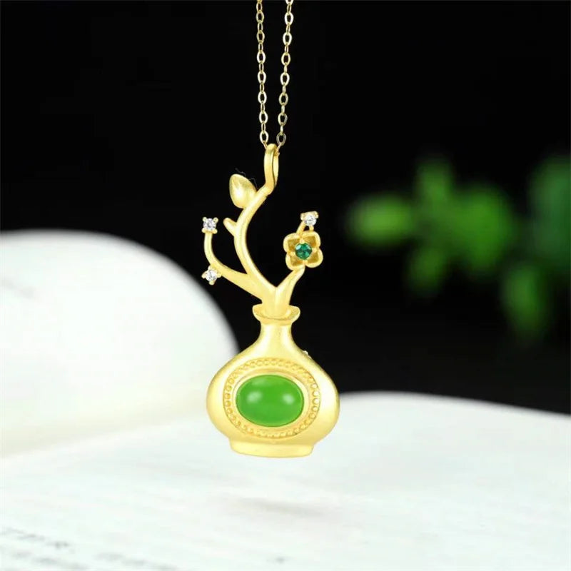 Hand-carved Chalcedony Gufajin Inlay Jade Plum Vase Necklace Pendant