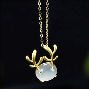 Hand-carved 24k Inlay Jade Antlers Necklace Pendant Jewelry Men Women Luck