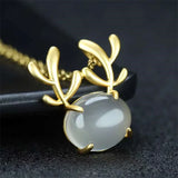 Hand-carved 24k Inlay Jade Antlers Necklace Pendant Jewelry Men Women Luck