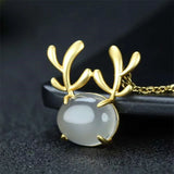 Hand-carved 24k Inlay Jade Antlers Necklace Pendant Jewelry Men Women Luck