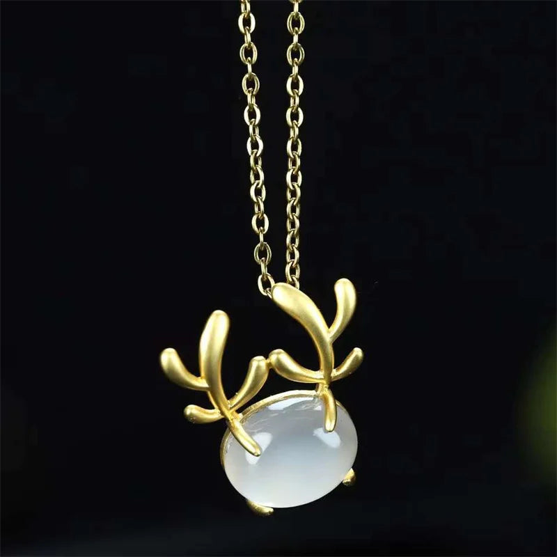 Hand-carved 24k Inlay Jade Antlers Necklace Pendant Jewelry Men Women Luck