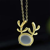Hand-carved 24k Inlay Jade Antlers Necklace Pendant Jewelry Men Women Luck