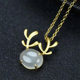 Hand-carved 24k Inlay Jade Antlers Necklace Pendant Jewelry Men Women Luck