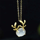 Hand-carved 24k Inlay Jade Antlers Necklace Pendant Jewelry Men Women Luck