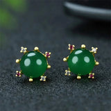 Hand-carved 24k Inlay Jade Gypsophila Earrings Studs Jewelry