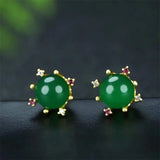 Hand-carved 24k Inlay Jade Gypsophila Earrings Studs Jewelry
