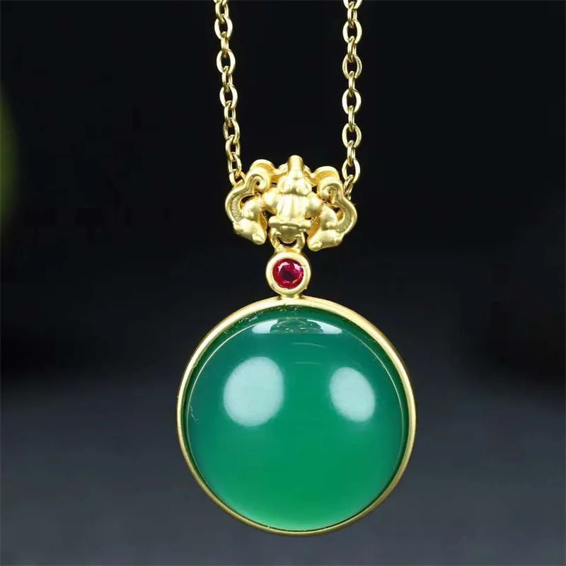 Hand-carved 24k Inlay Jade Round Necklace Pendant