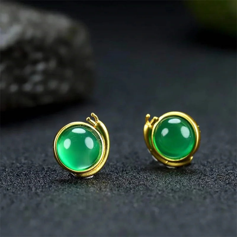 Natural Hand-carved 24k Inlay Jade Snails Earrings Studs Men Women Luck