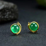 Natural Hand-carved 24k Inlay Jade Snails Earrings Studs Men Women Luck