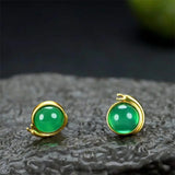 Natural Hand-carved 24k Inlay Jade Snails Earrings Studs Men Women Luck