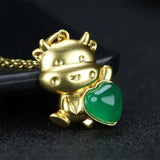 Hand-carved 24k Inlay Jade Zodiac Ox Necklace Pendant
