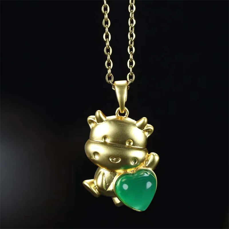 Hand-carved 24k Inlay Jade Zodiac Ox Necklace Pendant
