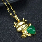 Hand-carved 24k Inlay Jade Zodiac Ox Necklace Pendant