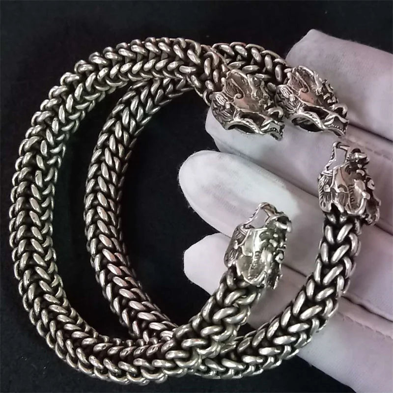 Natural Hand-carved Ibetan Silver Dragon Bracelet