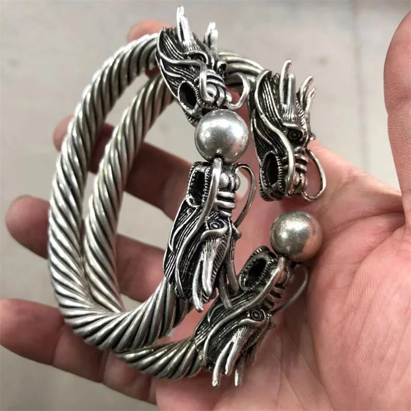 Natural Hand-carved Tibetan Silver Dragon Bracelet Men Women Luck
