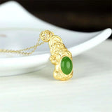 Natural Hand-carved Jade Inlaid 925silver Gufajin Pixiu Necklace Pendant Jewelry