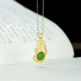 Hand-carved Jade Inlaid 925silver Pixiu Necklace Pendant Jewelry