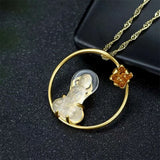 Hand-Carved Jade Inlay 24k Figure Necklace Pendant