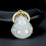 Hand-carved Jade Inlay 24k Maitreya Buddha Necklace Pendant