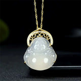 Hand-carved Jade Inlay 24k Maitreya Buddha Necklace Pendant