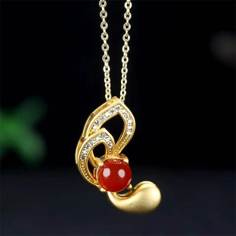 Hand-carved Jade Inlay 24k Orchid Necklace Pendant Jewelry Men Women Luck