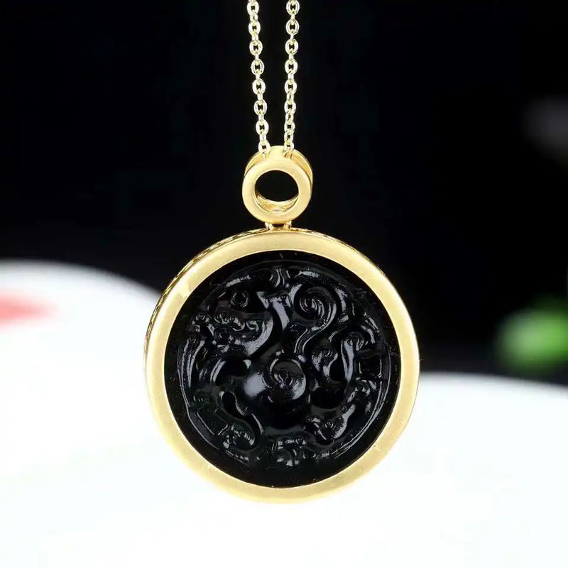 Hand-carved Jade Inlay 24k Dragon Necklace Pendant