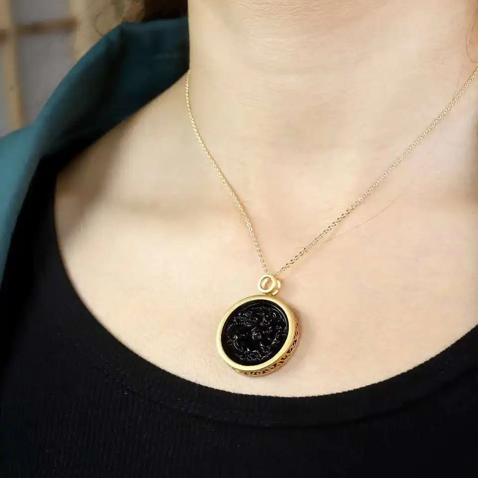 Hand-carved Jade Inlay 24k Dragon Necklace Pendant