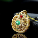Natural Hand-carved Jade Inlay 24k Egg Noodles Necklace Pendant