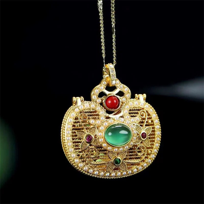 Natural Hand-carved Jade Inlay 24k Egg Noodles Necklace Pendant