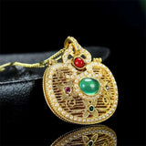 Natural Hand-carved Jade Inlay 24k Egg Noodles Necklace Pendant