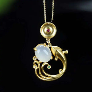 Hand-carved Jade Inlay 24k Fish Necklace Pendant Men Women Luck