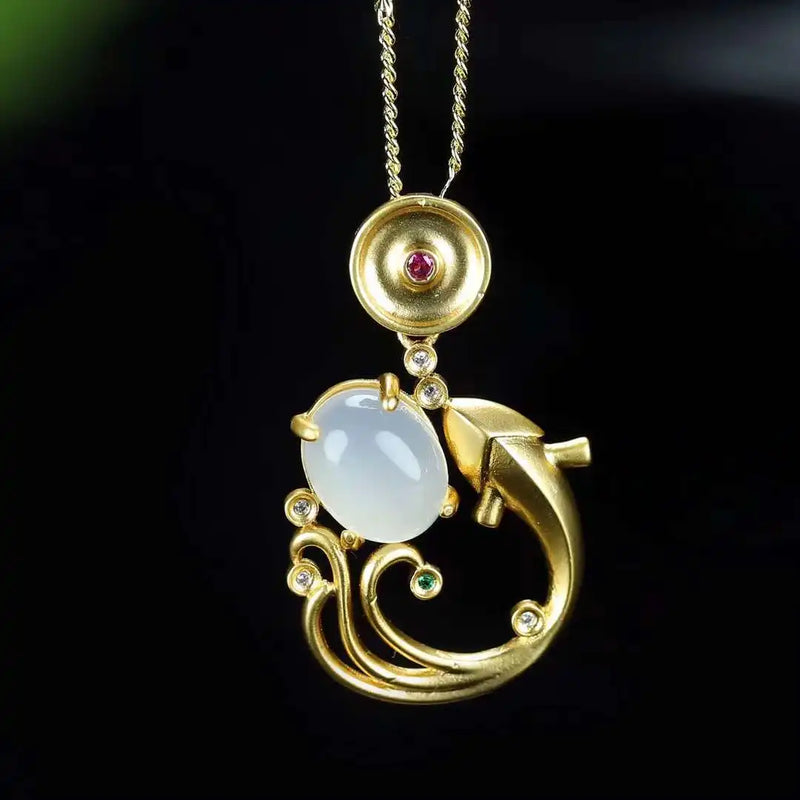 Hand-carved Jade Inlay 24k Fish Necklace Pendant Men Women Luck