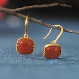 Natural Hand-carved Jade Mosaic Agate Silver Earrings