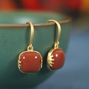 Natural Hand-carved Jade Mosaic Agate Silver Earrings