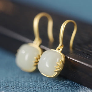 Natural Hand-carved Jade Mosaic Agate Silver Earrings